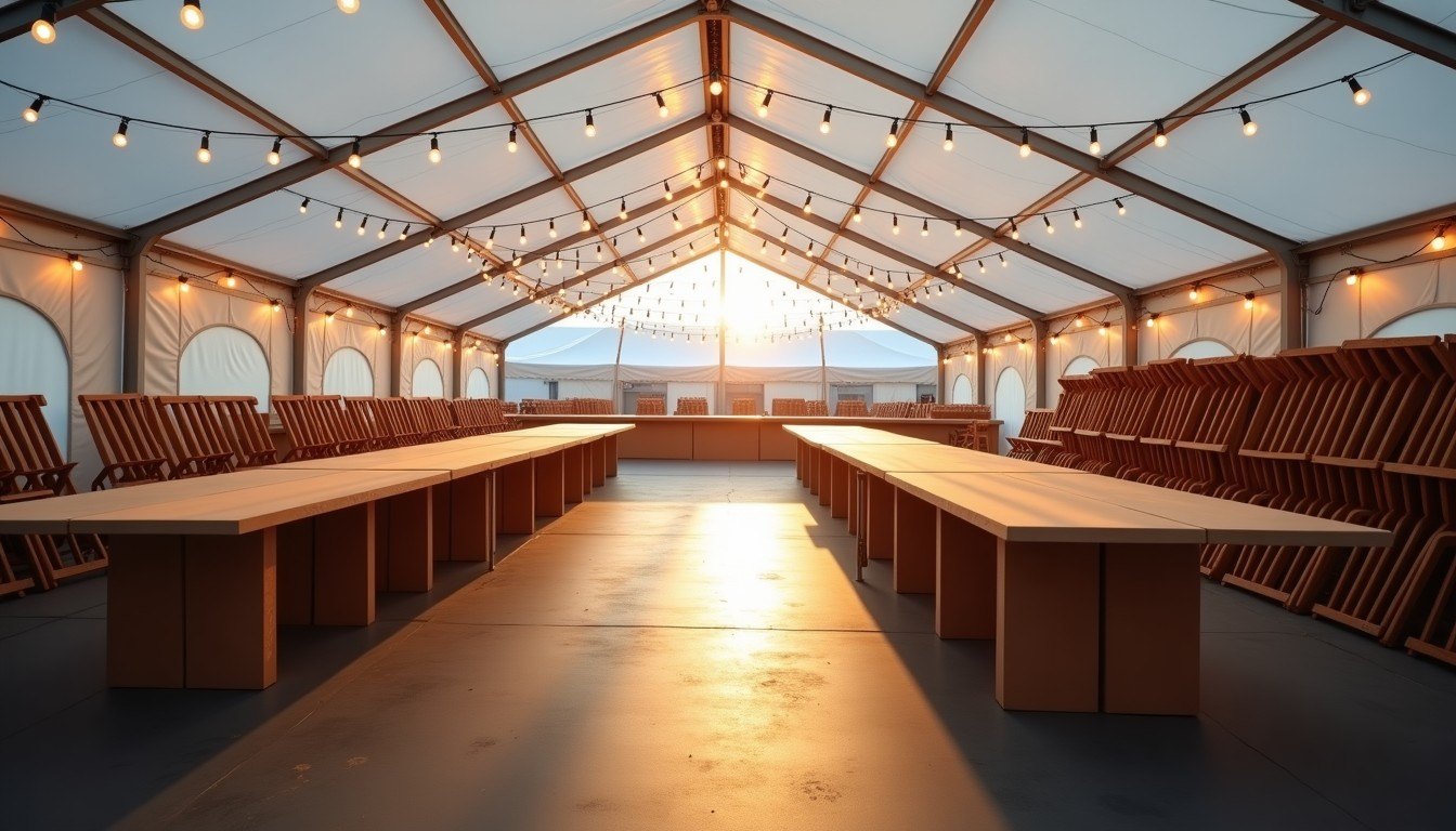 Carpa de catering montada en una plaza antes de abrir